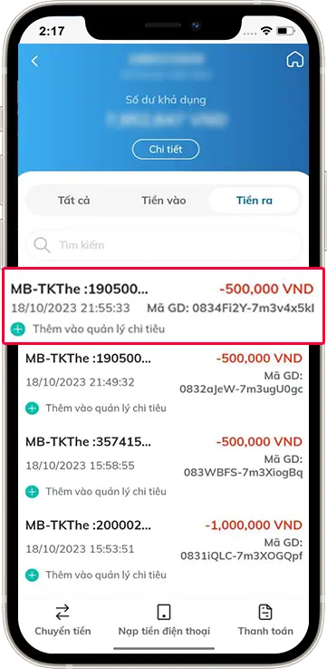 Bước 3 : Chọn giao dịch cần kiểm tra >> Ấn vào